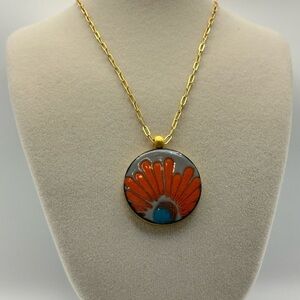 LeighElena Vibrant Orange Blue Magnetic Pendant Necklace Oval Link Gold-tone 18"